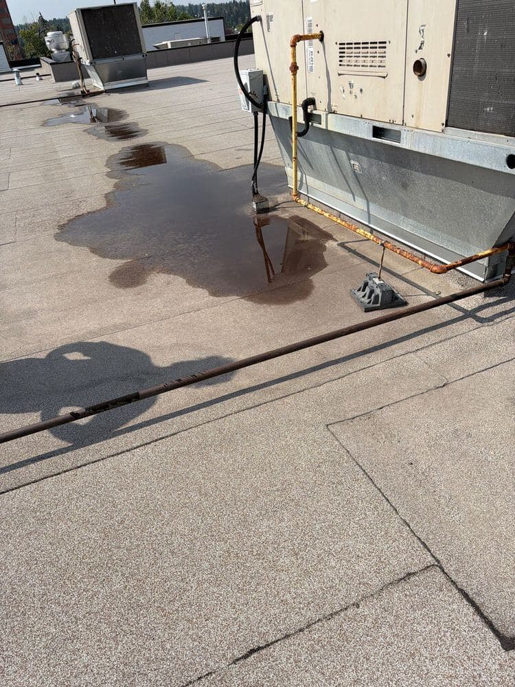 Ponding water across a commercial flat roof field beside rooftop mechanical equipment