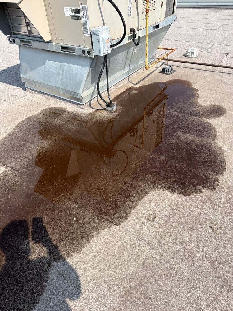 Standing water pooled around a rooftop air conditioning unit on a Calgary flat roof