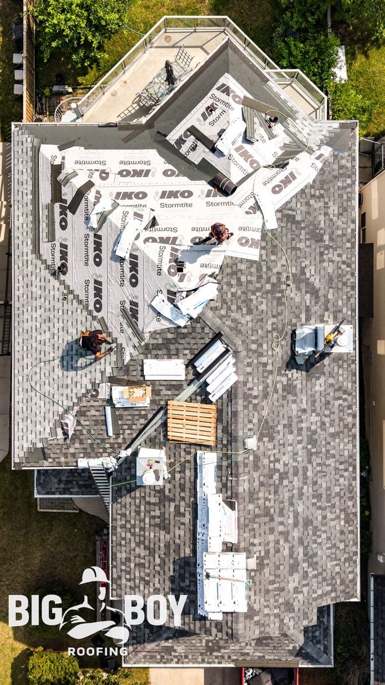 Completed roof replacement in NW Calgary photographed from the air